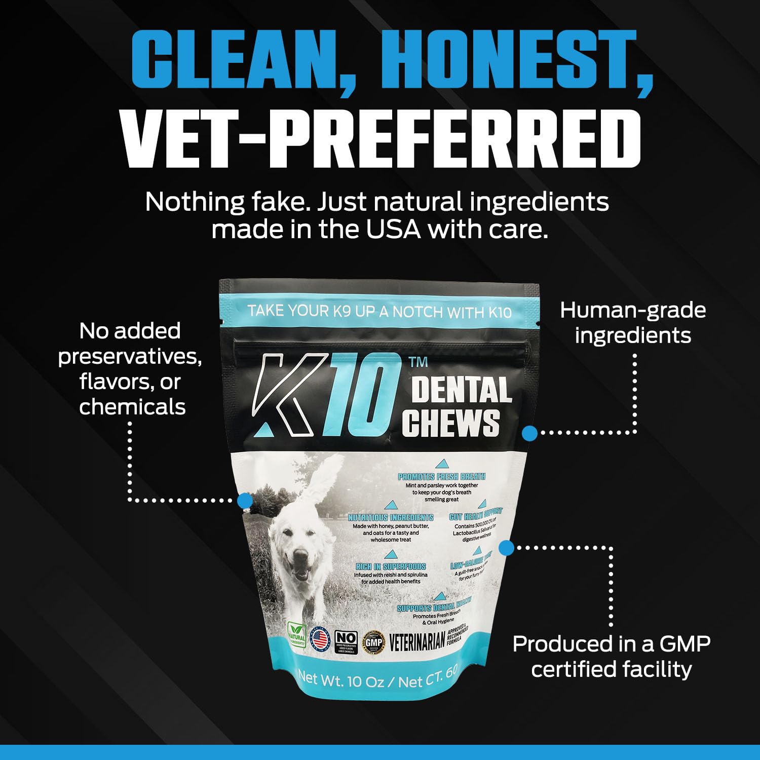 Equinety K10 Dental Chews, uso-diario, masticables simples para perros activos.