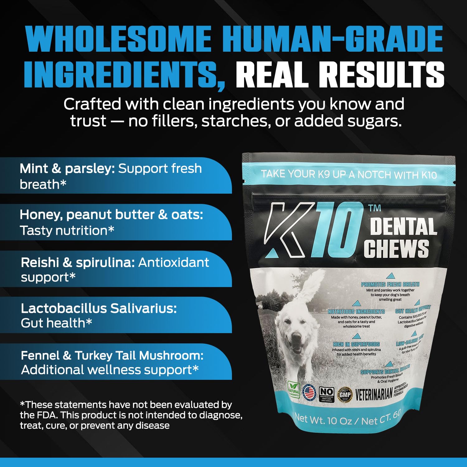 Equinety K10 Dental Chews, sabor-menta, favorece higiene bucal y gusto agradable.