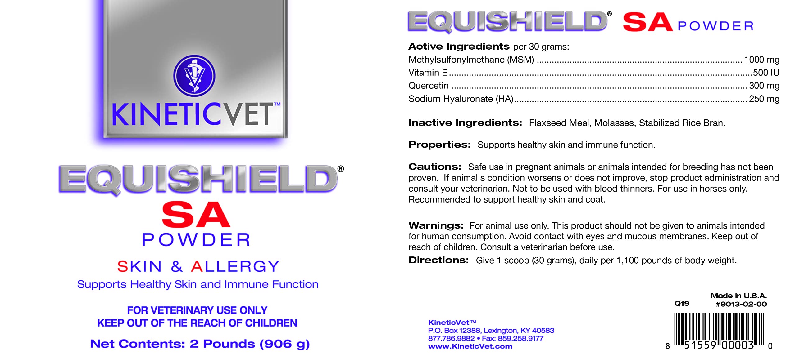 EquiShield SA: envase del polvo, uso diario para caballos y soporte de cuidado de piel.