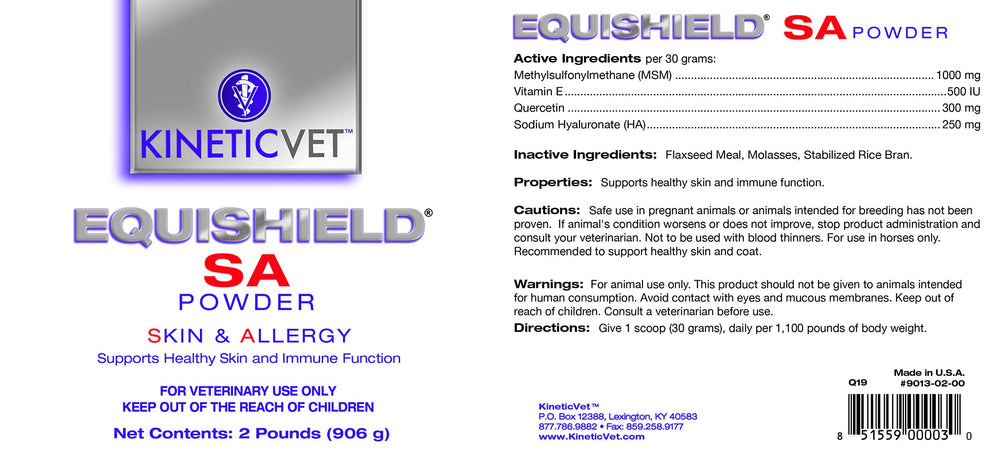 EquiShield SA: envase del polvo, uso diario para caballos y soporte de cuidado de piel.