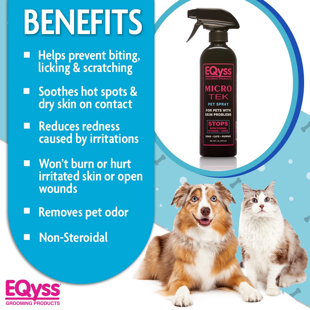 Eqyss Micro-Tek Pet Itch Relief Spray, protección sin enjuague para el pelaje tras la aplicación.