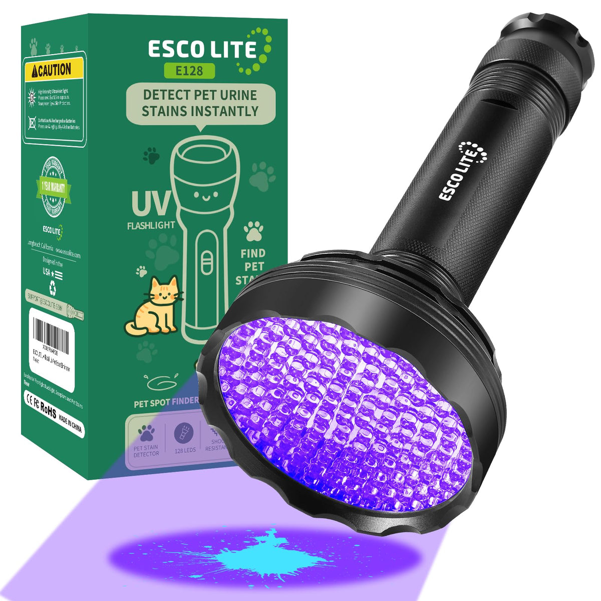 ESCO LITE linterna UV 128 LED detecta orina de perro en casa.
