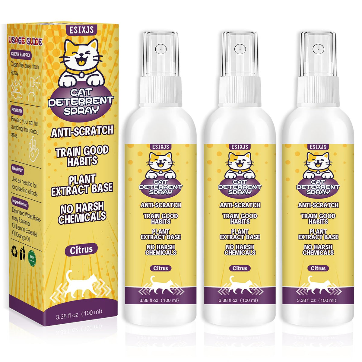 ESIXJS spray deterente para gatos, frasco visible, protege muebles de arañazos.
