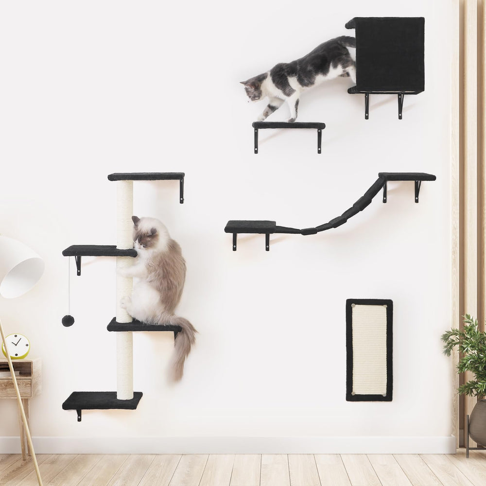 Esotte estanterías de pared para gatos en negro, ideal para juego seguro y descanso vertical.