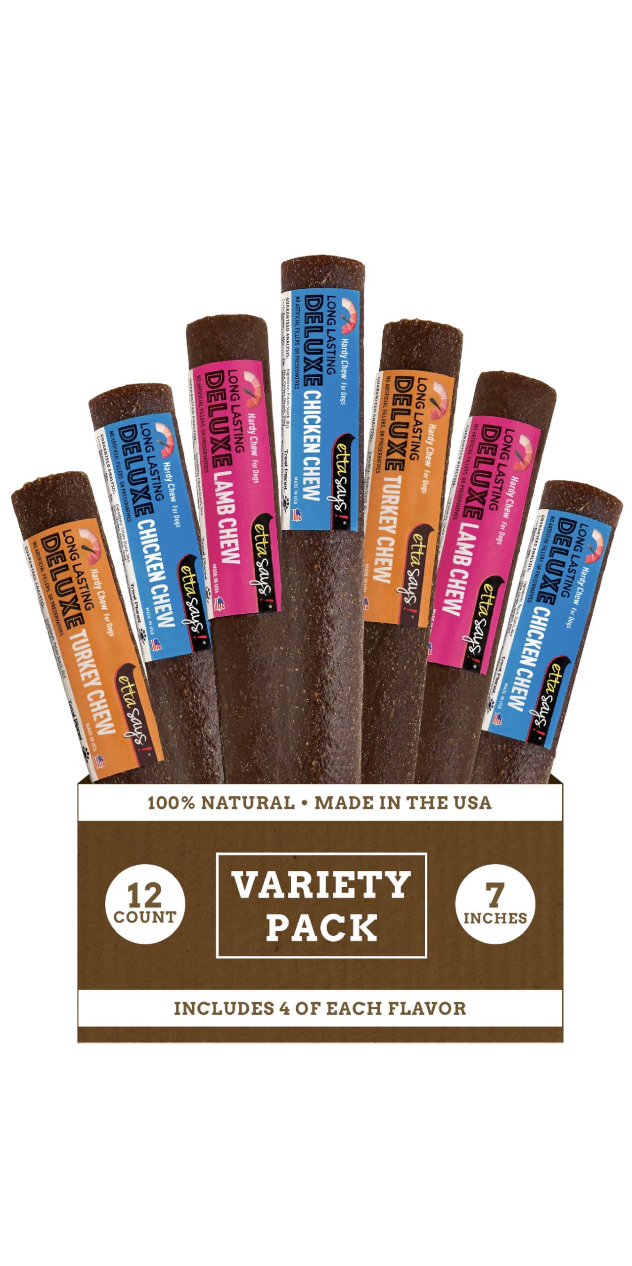 etta says! Deluxe Crunchy Dog Chews variedad 7 pulgadas en empaque 12, ideal para masticar diario