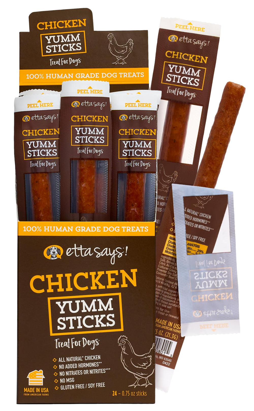 etta says! Yumm Sticks: caja frontal, snack premium para perros.
