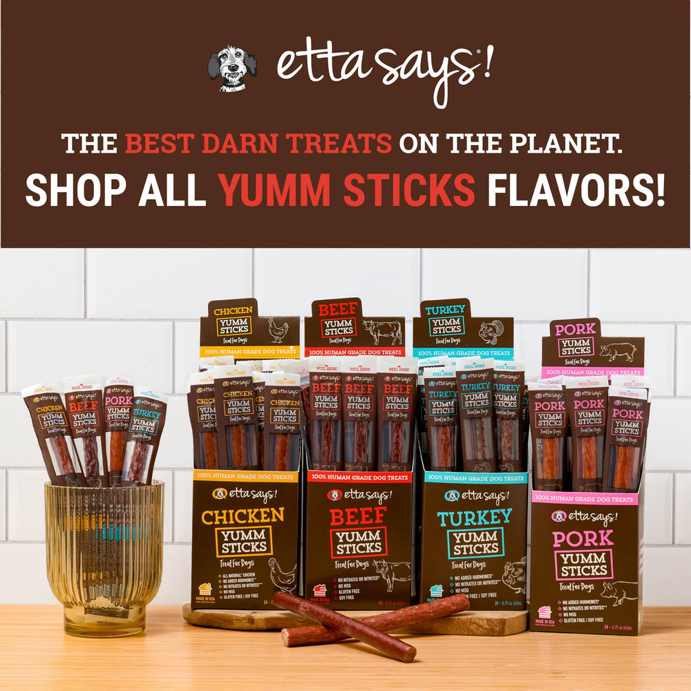 etta says! Yumm Sticks premios sabrosos para perros activos.