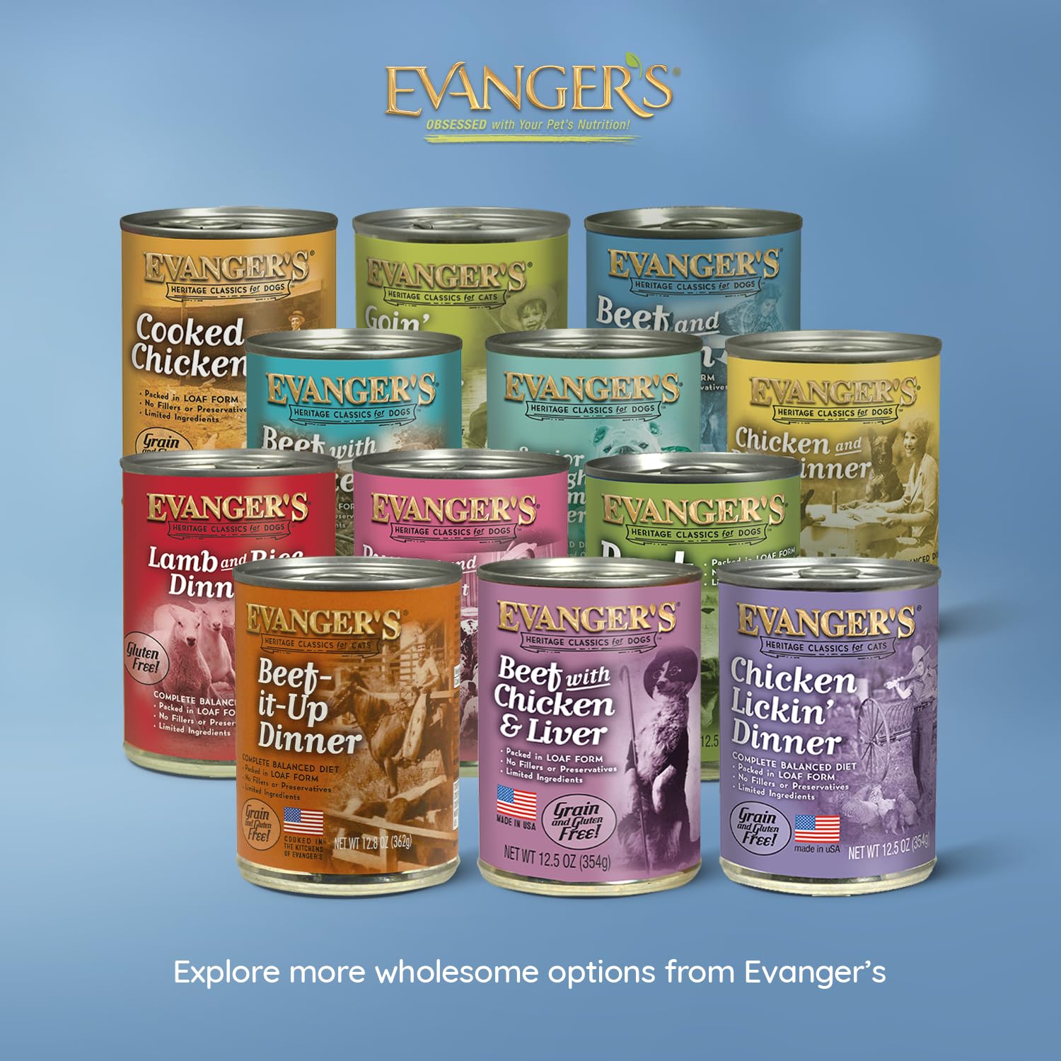 Perros de todas las edades disfrutan Evanger's Heritage Classics, receta confiable.