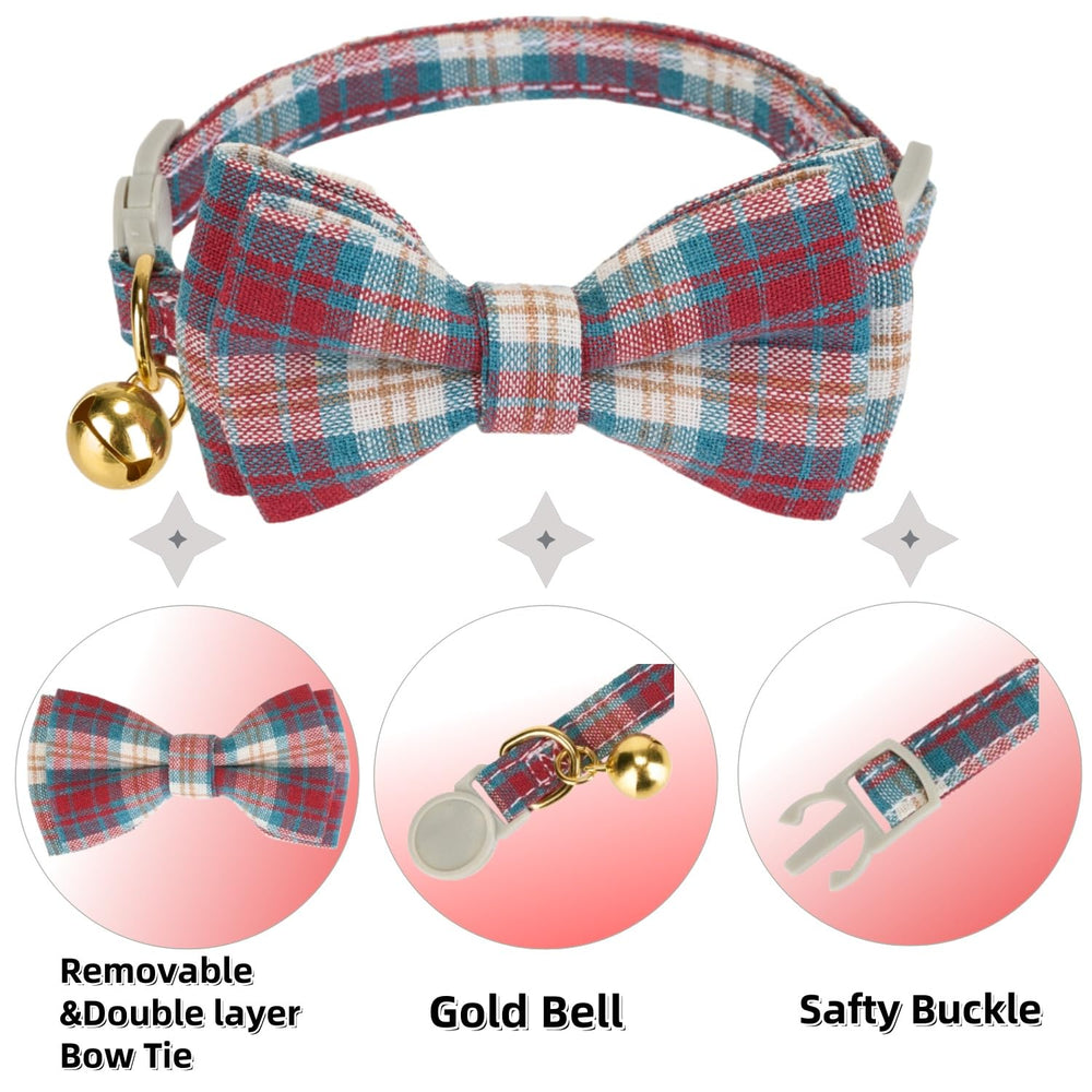Collar Ewinoom plaid rojo-verde para gato, cómodo y estilizado