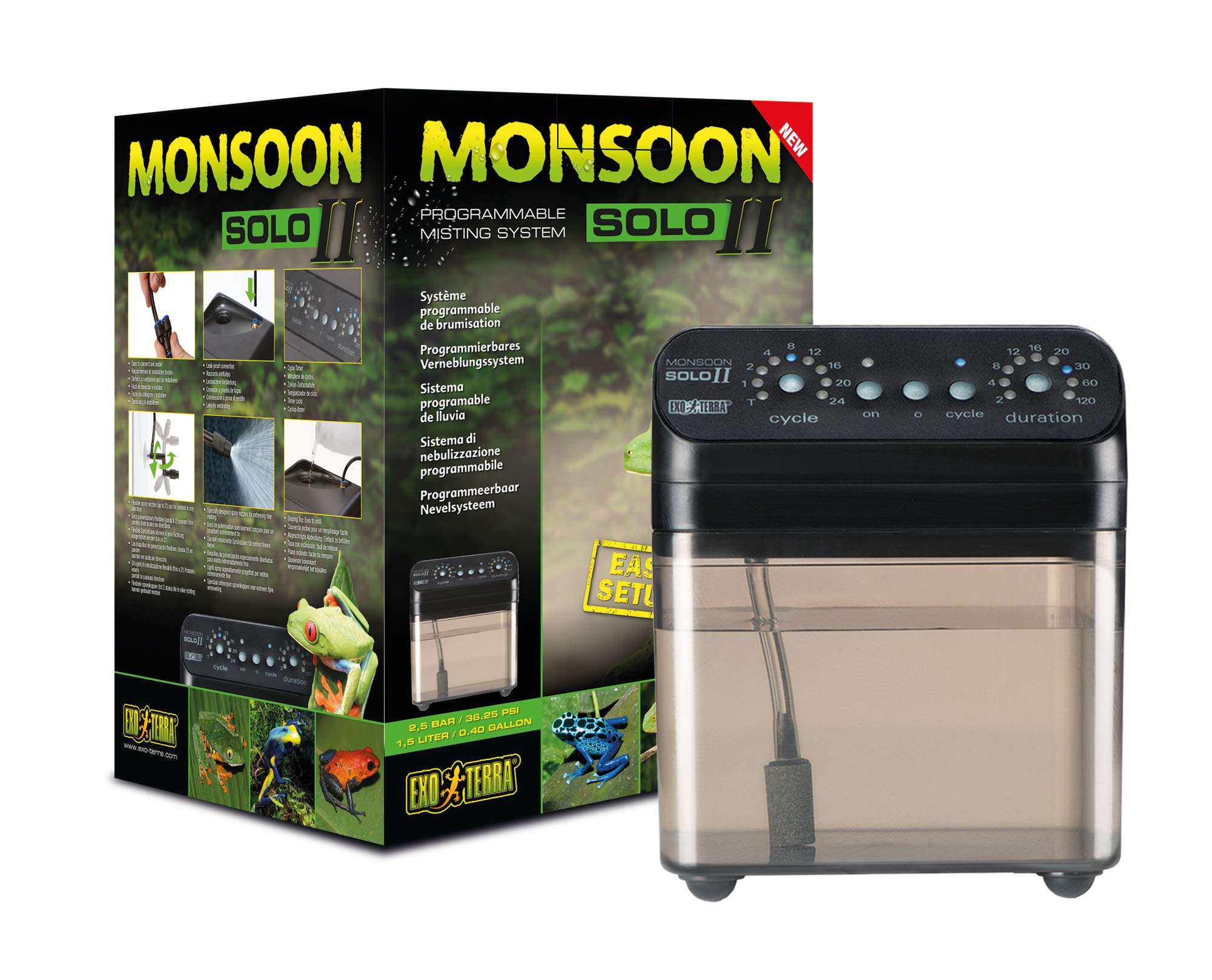 Exo Terra Monsoon Solo II con reservorio de 1.5 L para operación prolongada.