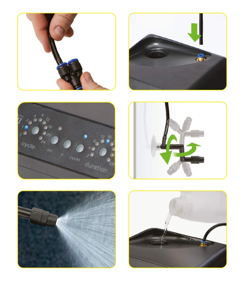 Exo Terra Monsoon Solo II con tubería resistente a fugas para instalación segura.