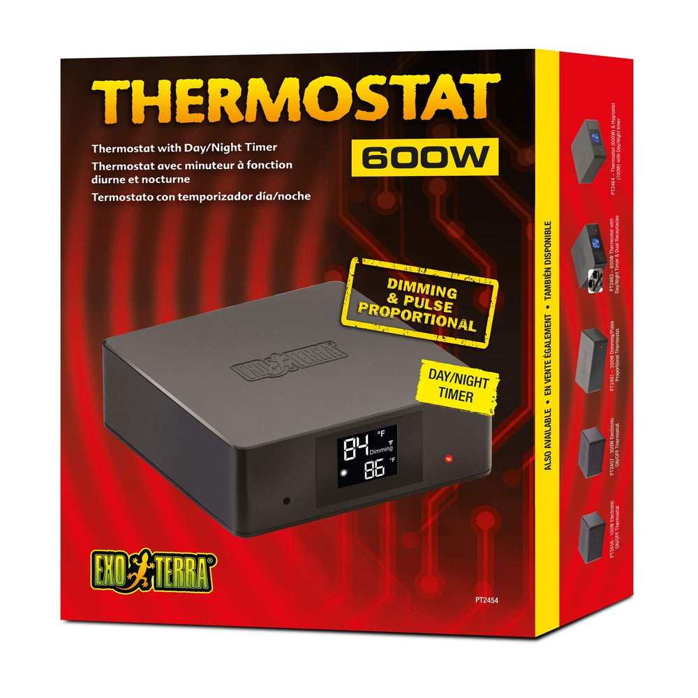 Exo Terra Thermostat con indicadores LED rojos señala calefacción activa, útil para control diario