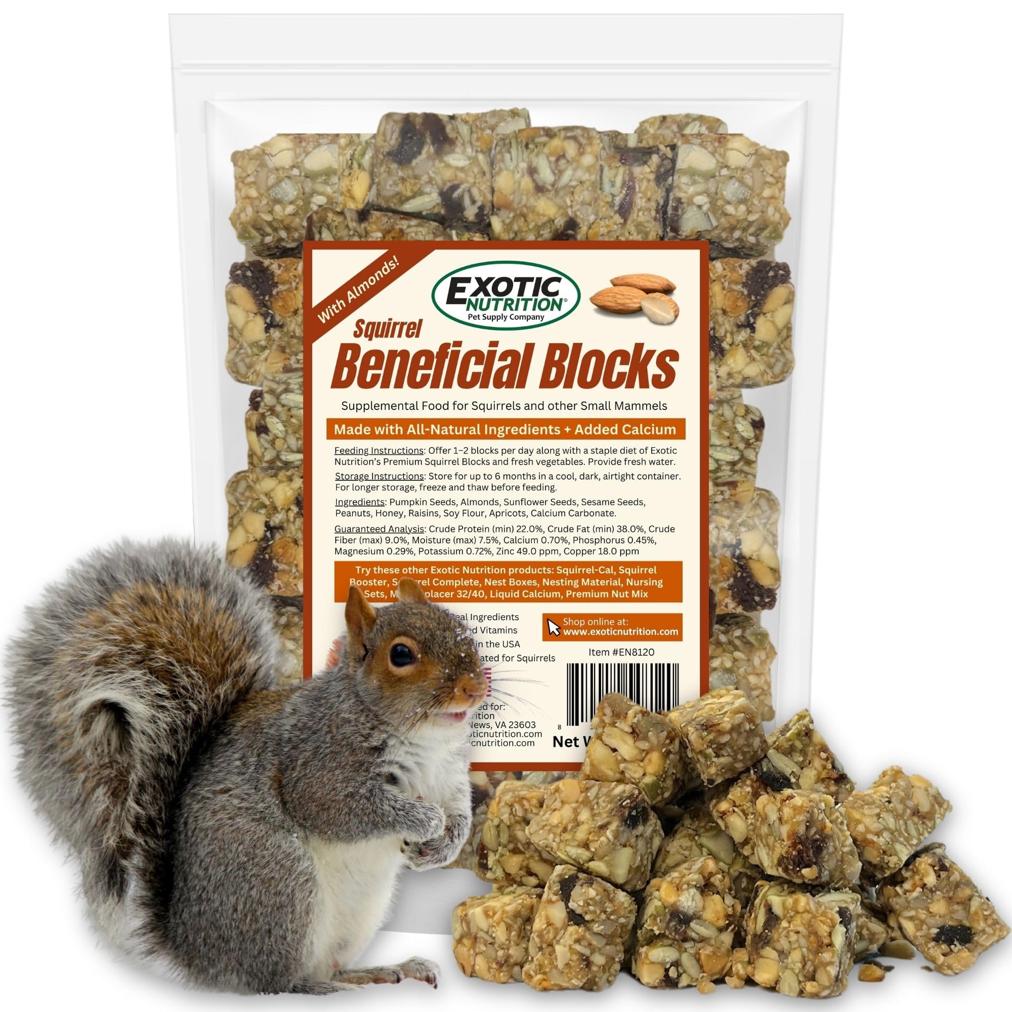 Bloques Exotic Nutrition para ardillas con nueces y semillas, listos para forrajeo.