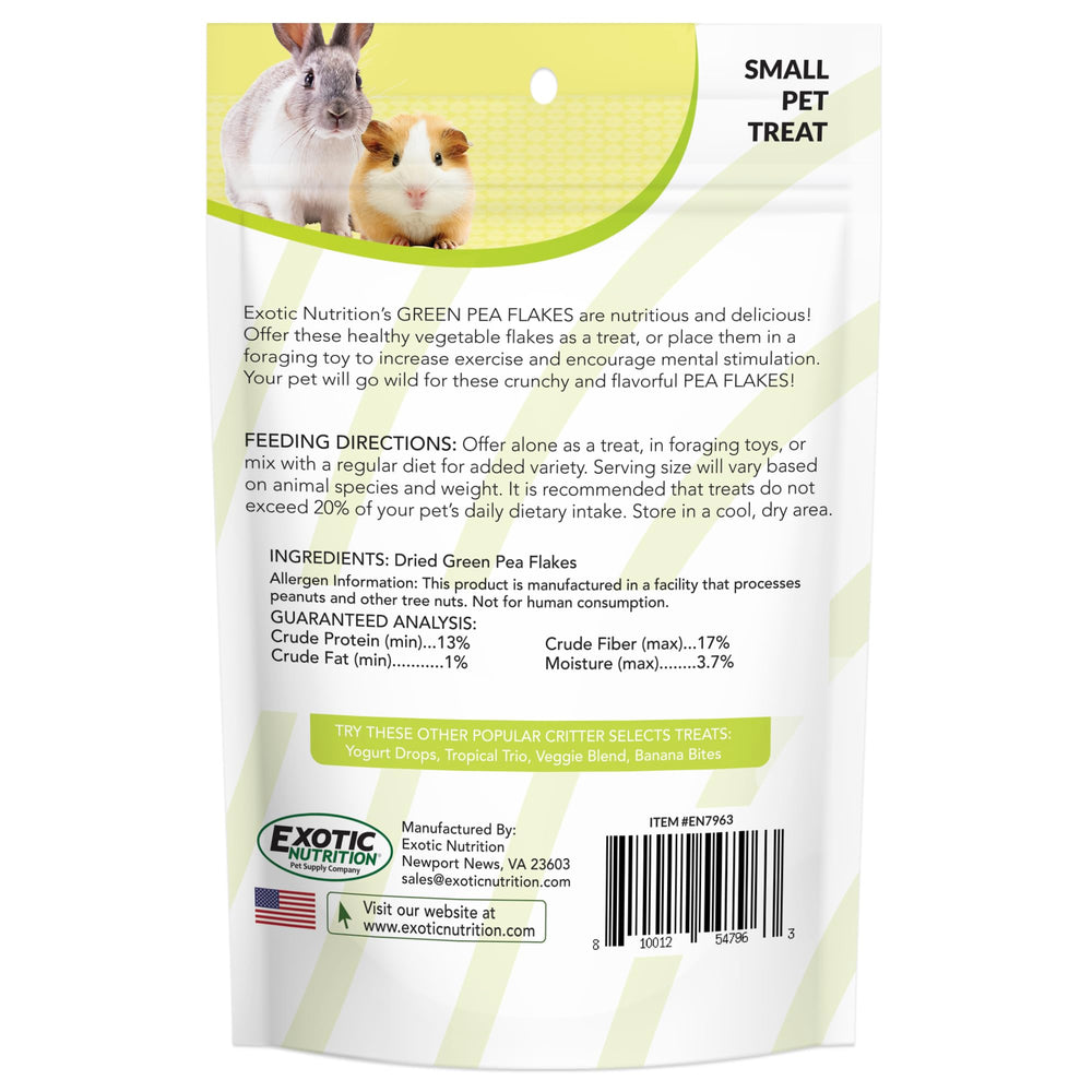 Exotic Nutrition copos de guisante verde para animales pequeños, snack práctico.
