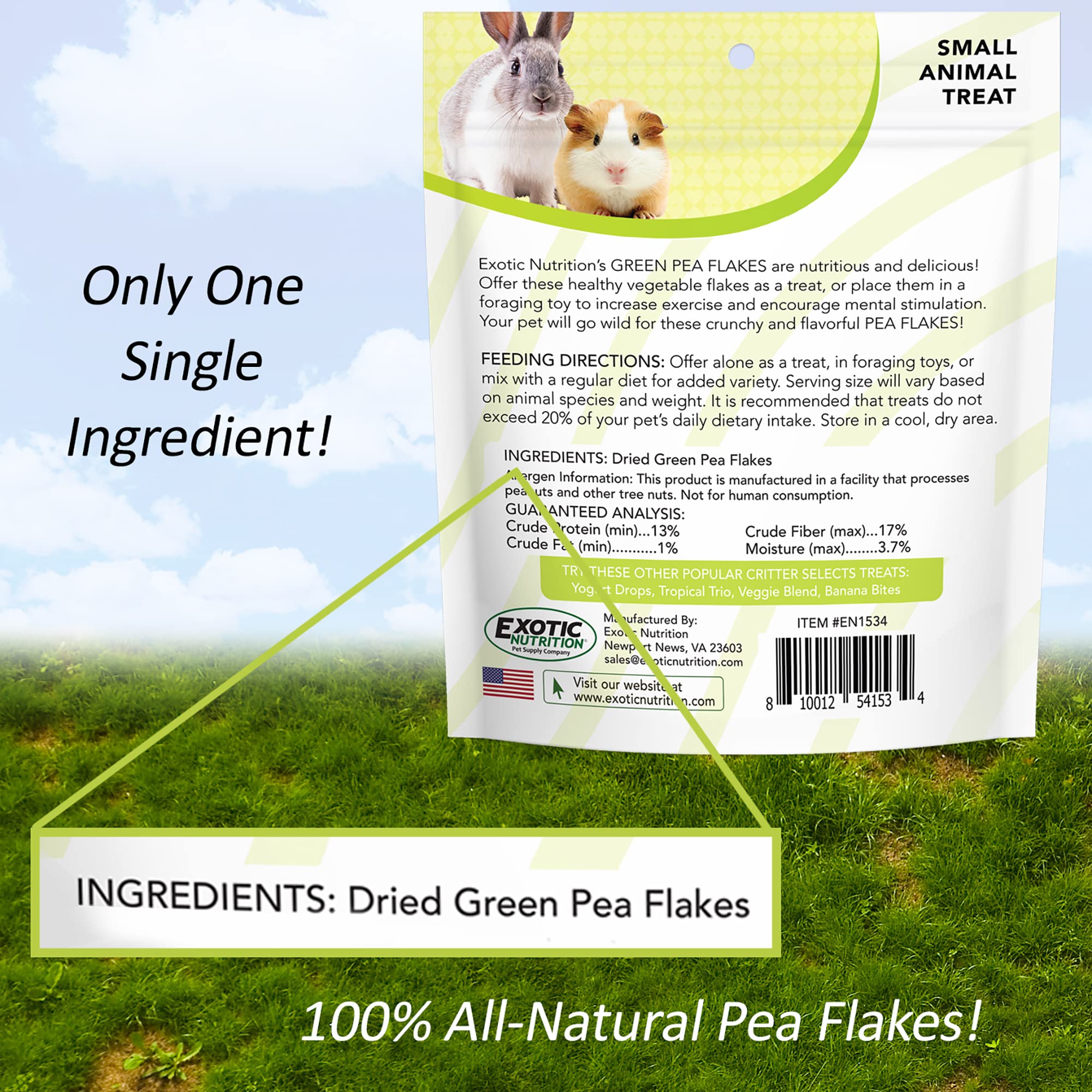 Exotic Nutrition copos de guisante verde, primer plano de textura crujiente para pequeñas mascotas