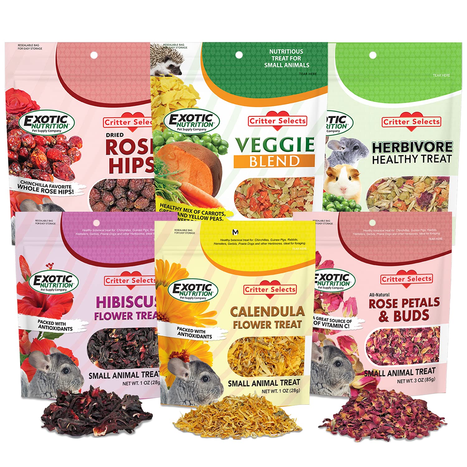 Exotic Nutrition empaque visible de golosinas herbívoras, fácil almacenamiento y selección