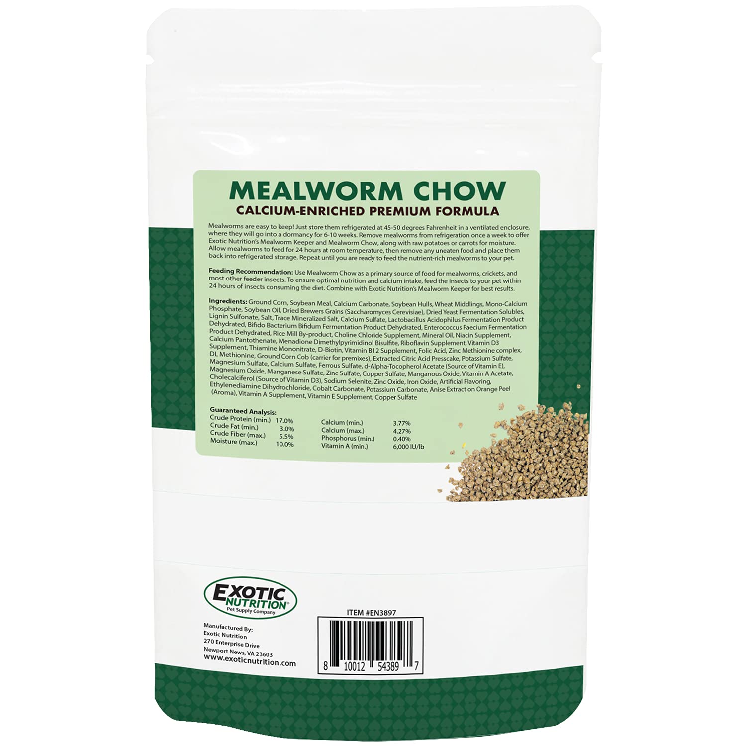 Exotic Nutrition Mealworm Chow: ingredientes clave para una dieta equilibrada de insectos.