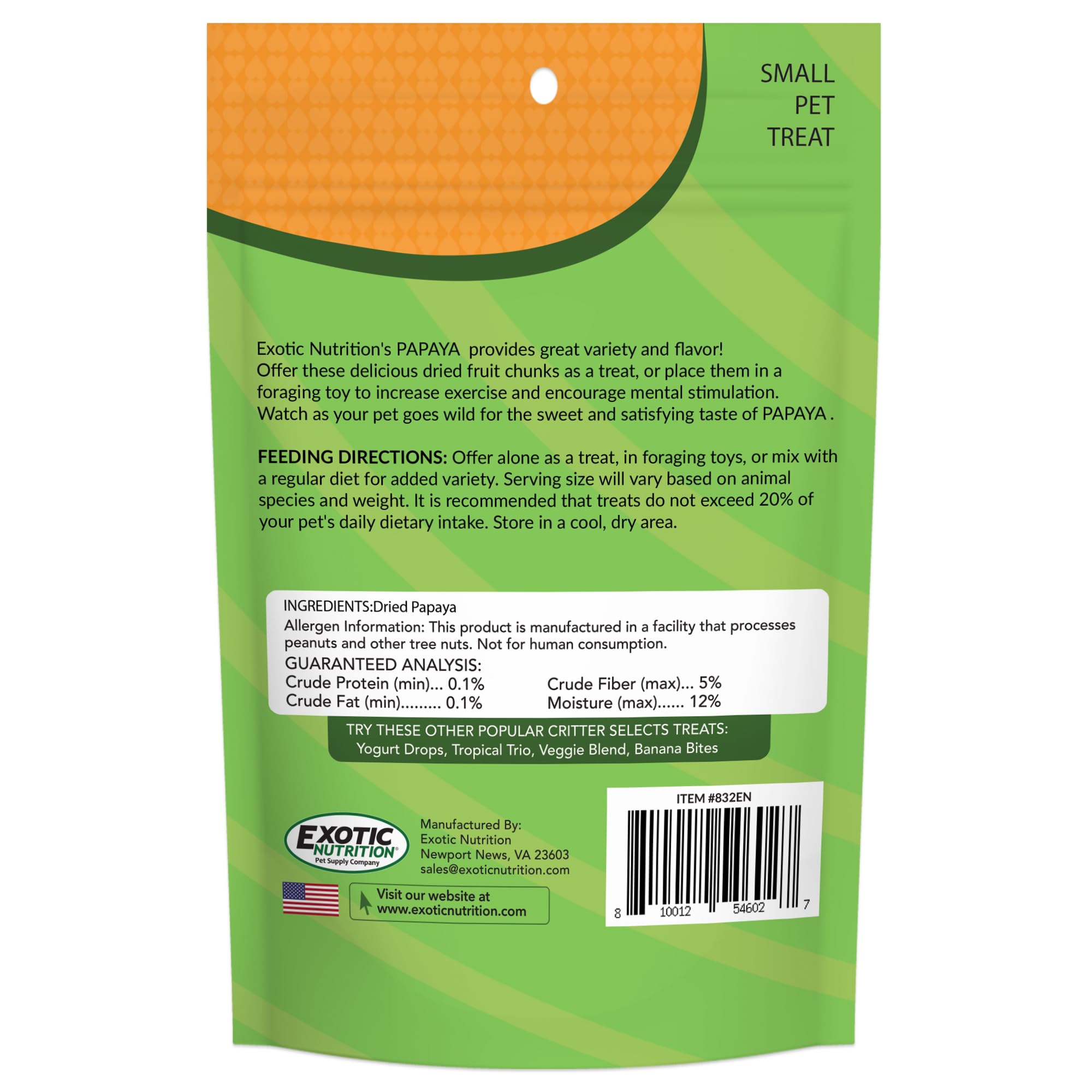 Golosina Exotic Nutrition Papaya Treat, variedad para dietas de roedores y aves.