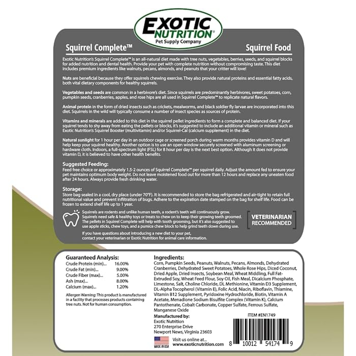 Presentación de Exotic Nutrition Squirrel Complete en envase compacto