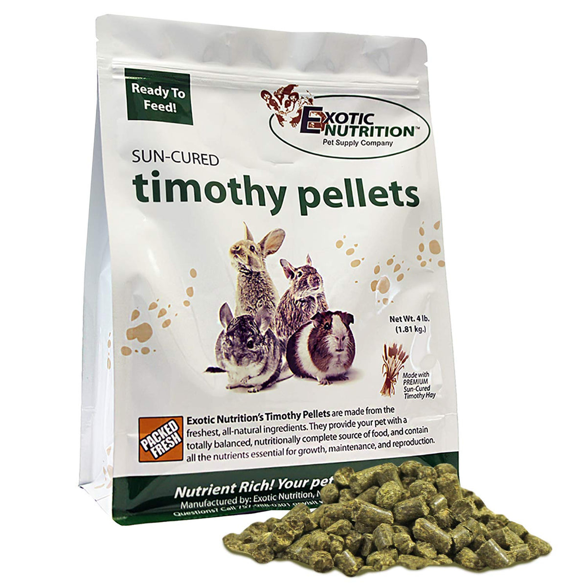 Exotic Nutrition Timothy Pellets 4 lb, empaque visible, fuente de fibra para conejos y cobayas.