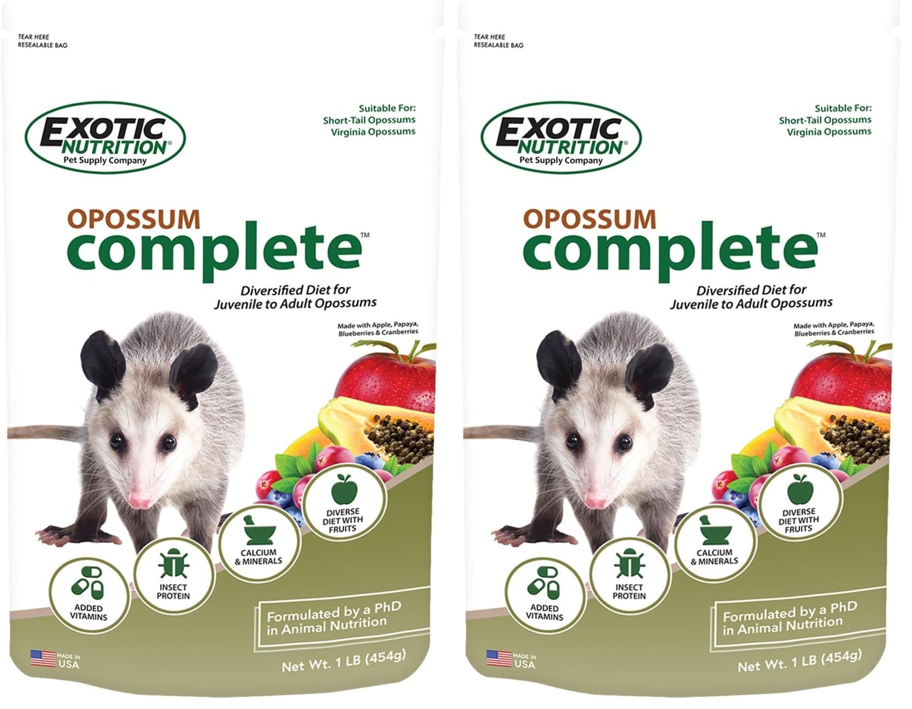 Exotic Nutrition Zarigüeya Completa, empaque frontal, dieta completa para zarigüeyas.