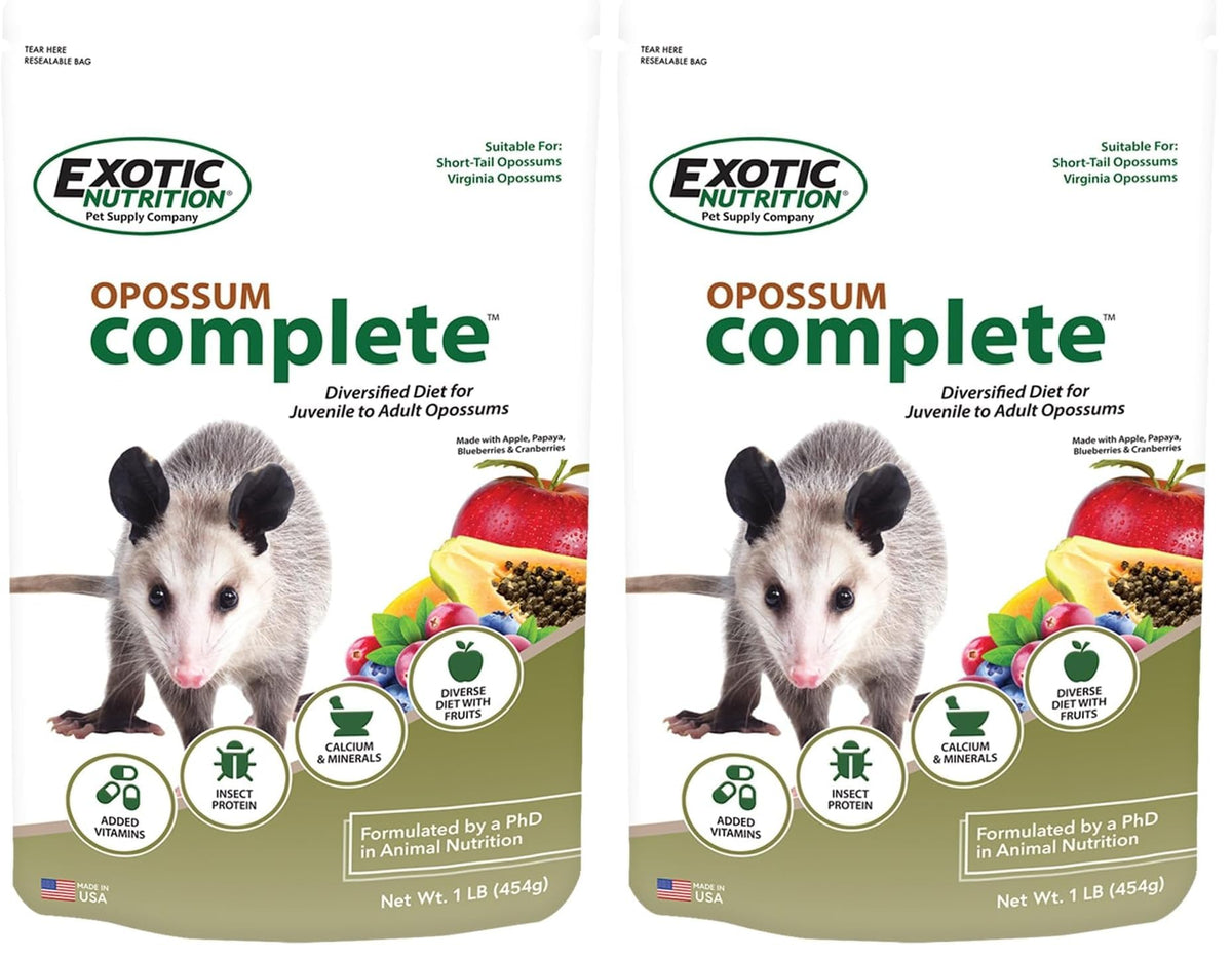 Exotic Nutrition Zarigüeya Completa, empaque frontal, dieta completa para zarigüeyas.