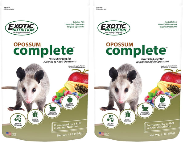 Exotic Nutrition Zarigüeya Completa, empaque frontal, dieta completa para zarigüeyas.
