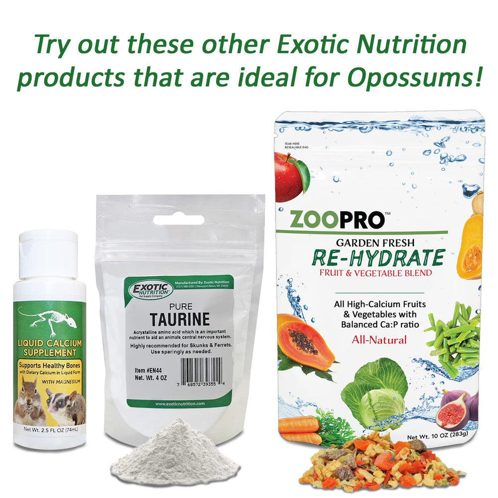 Exotic Nutrition Zarigüeya Completa, larvas BSFL visibles, alto calcio para desarrollo equilibrado.