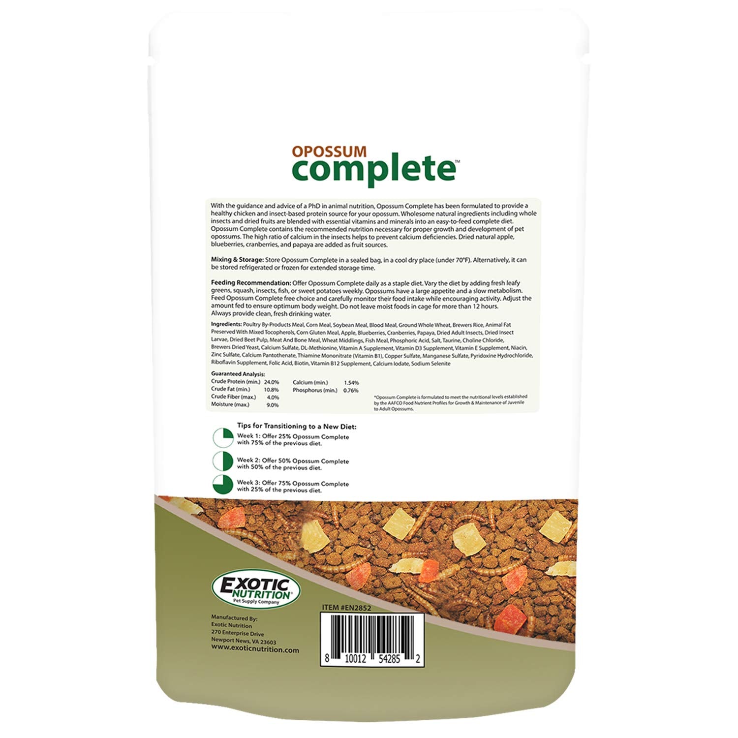 Exotic Nutrition Zarigüeya Completa, pellets en primer plano, textura crujiente para ingesta fácil.