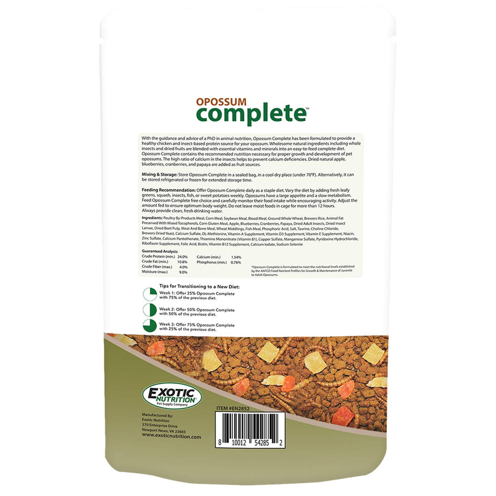 Exotic Nutrition Zarigüeya Completa, pellets en primer plano, textura crujiente para ingesta fácil.