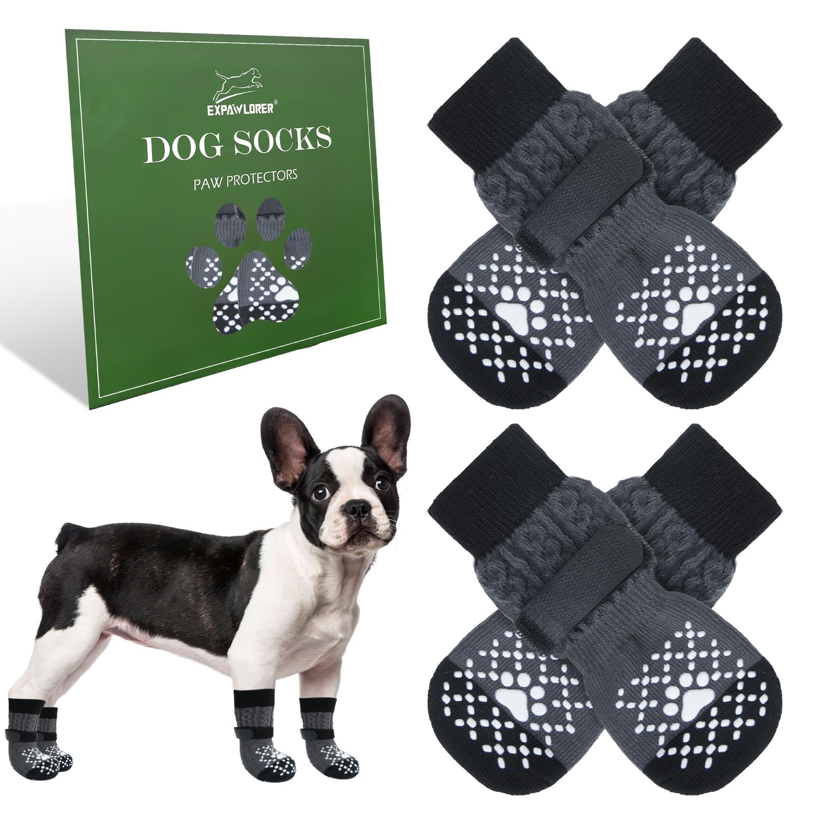 EXPAWLORER calcetines para perros, vista frontal sobre suelo de madera, ayudan a evitar deslizamientos.
