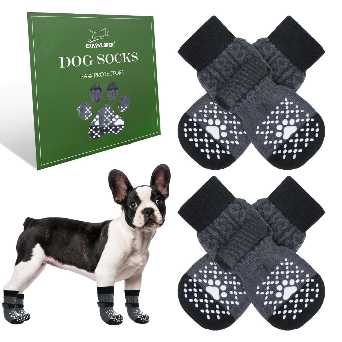 EXPAWLORER calcetines para perros, vista frontal sobre suelo de madera, ayudan a evitar deslizamientos.