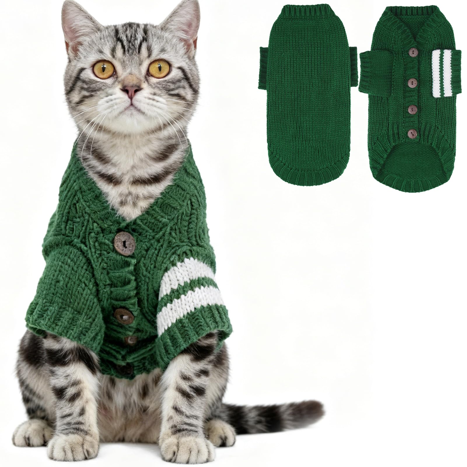 EXPAWLORER suéter para gatos verde grande, vista frontal, estilo clásico y cómodo para diario