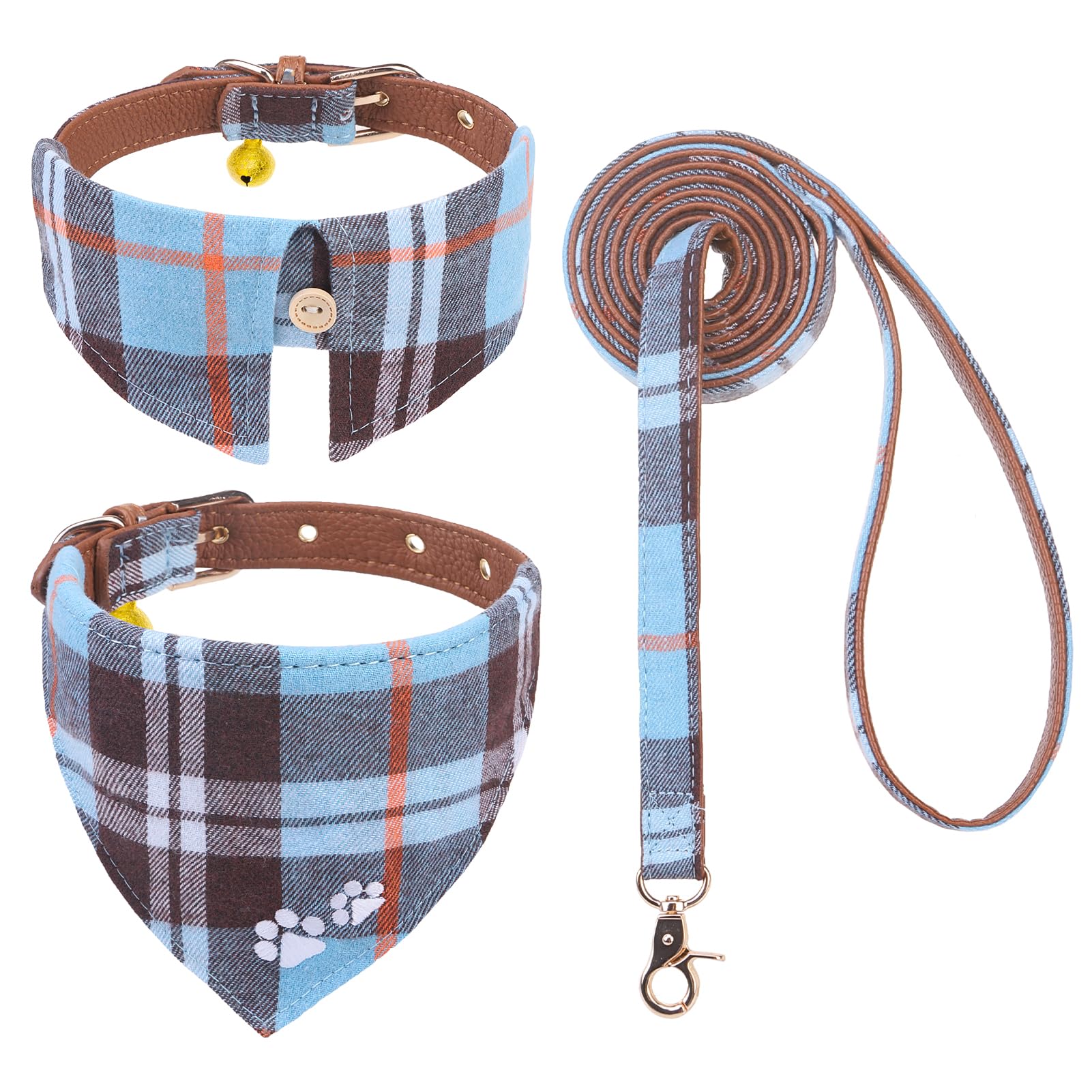 EXPAWLORER collar para perrito con huellas bordadas y patrón de cuadros azul para paseos cómodos