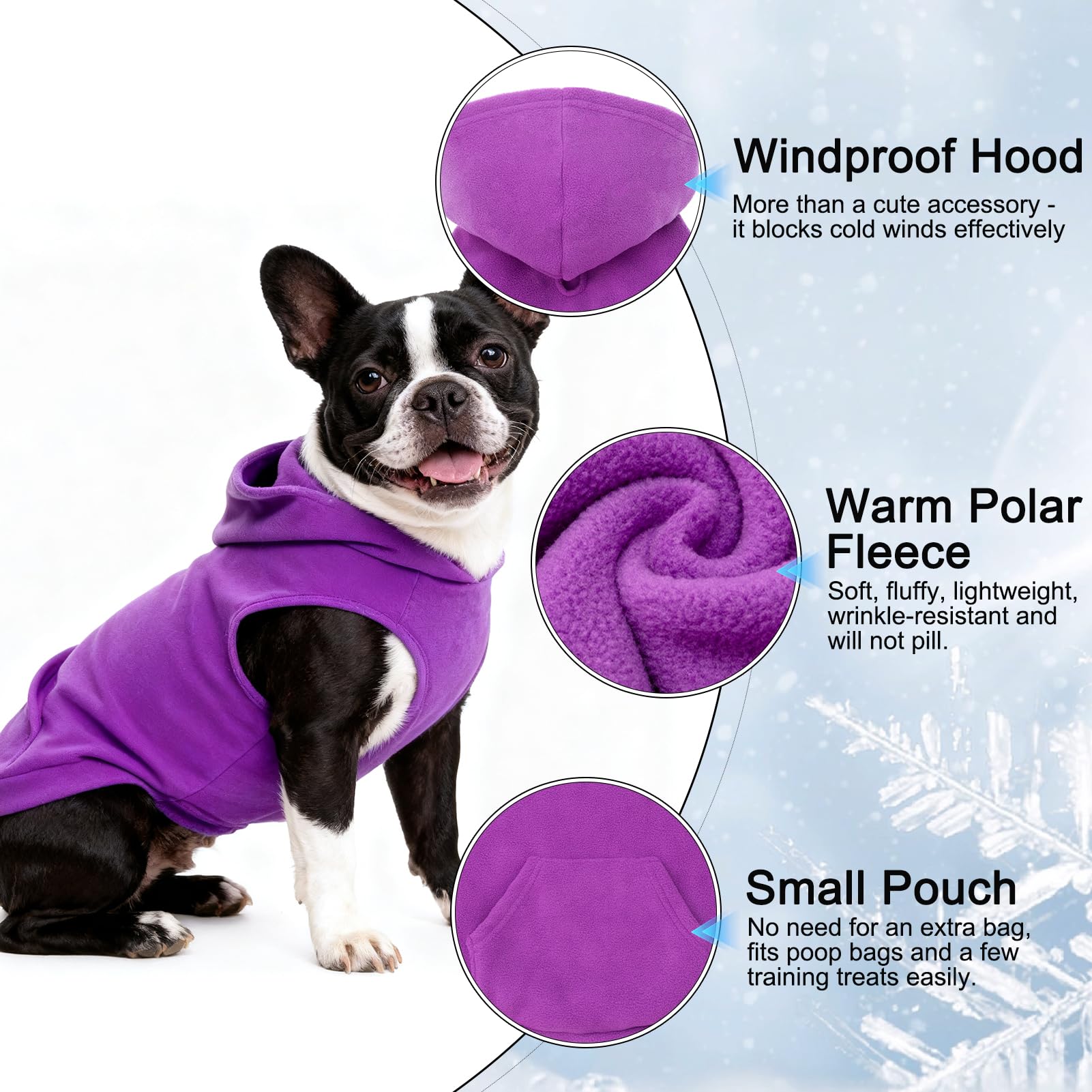 EXPAWLORER chaleco-sudadera capucha polar morado para perros, ideal en climas fríos.