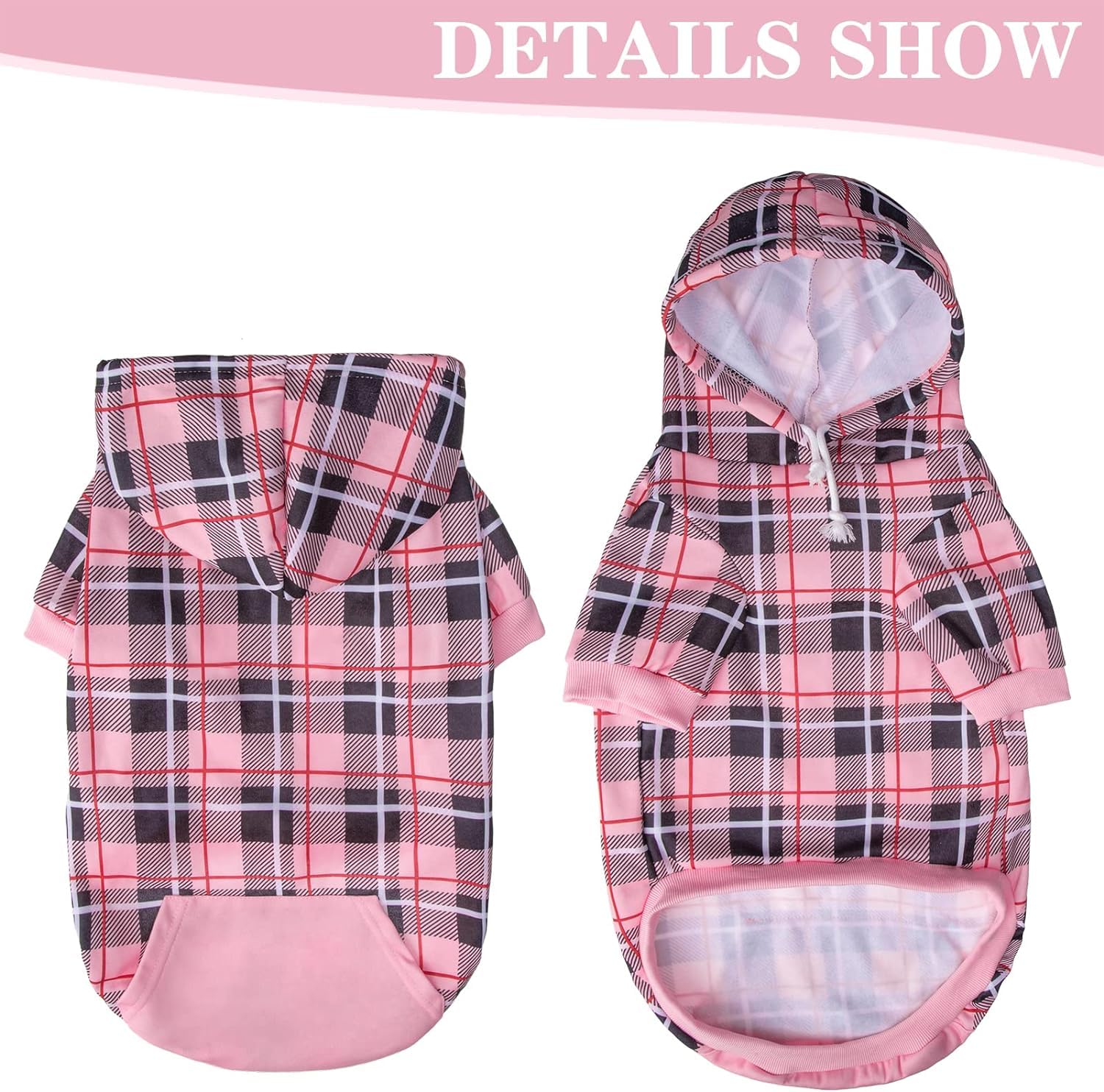 EXPAWLORER Plaid Dog Hoodie, apertura para correa rosa, fácil de colocar durante salidas.