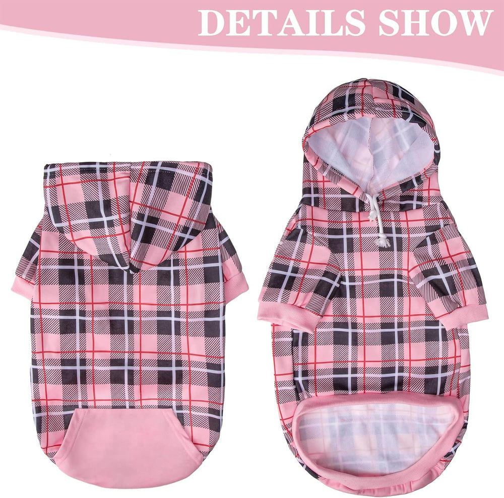 EXPAWLORER Plaid Dog Hoodie, apertura para correa rosa, fácil de colocar durante salidas.