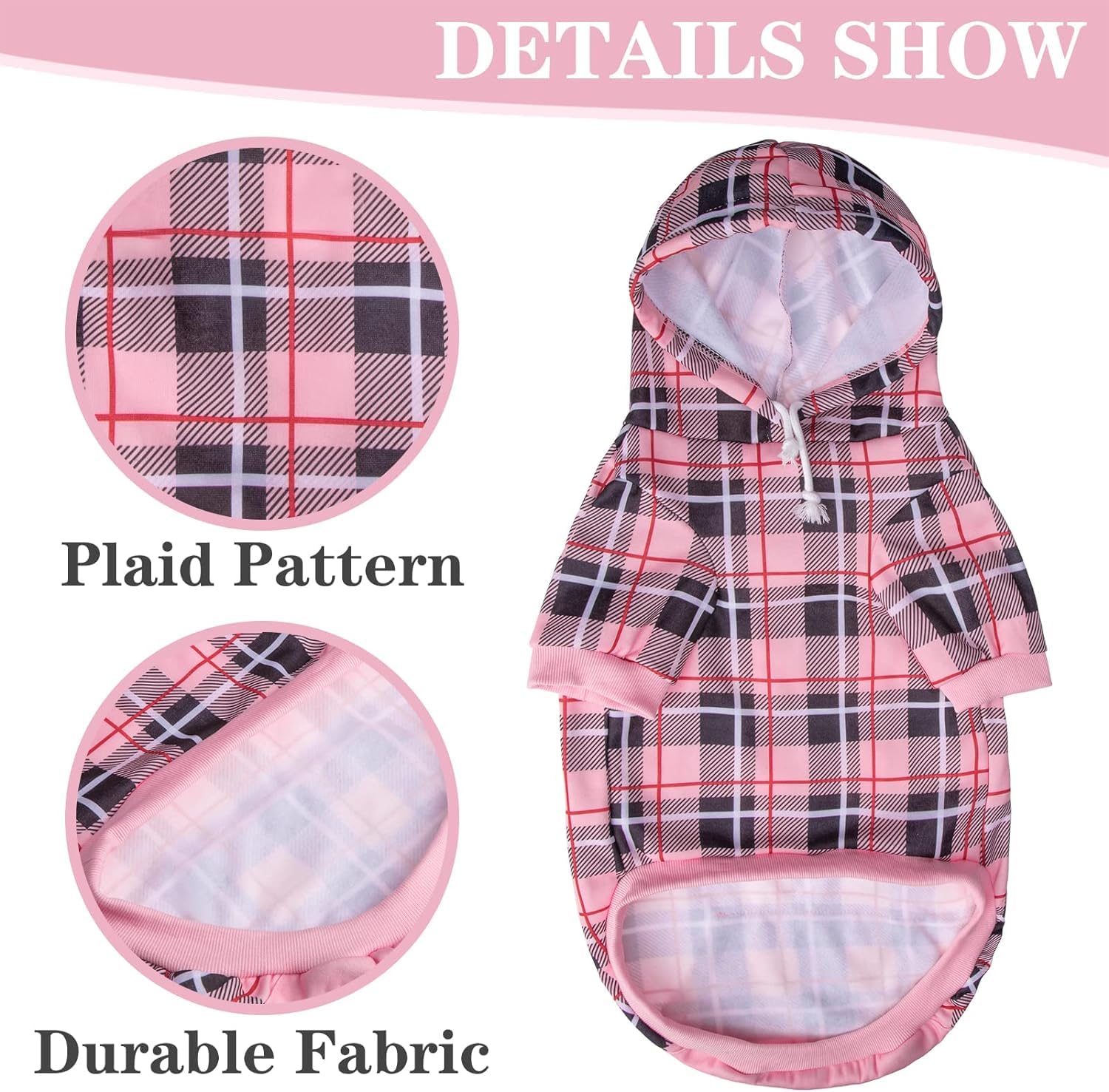 EXPAWLORER Plaid Dog Hoodie, bolsillo rosa, ideal para golosinas en caminatas.