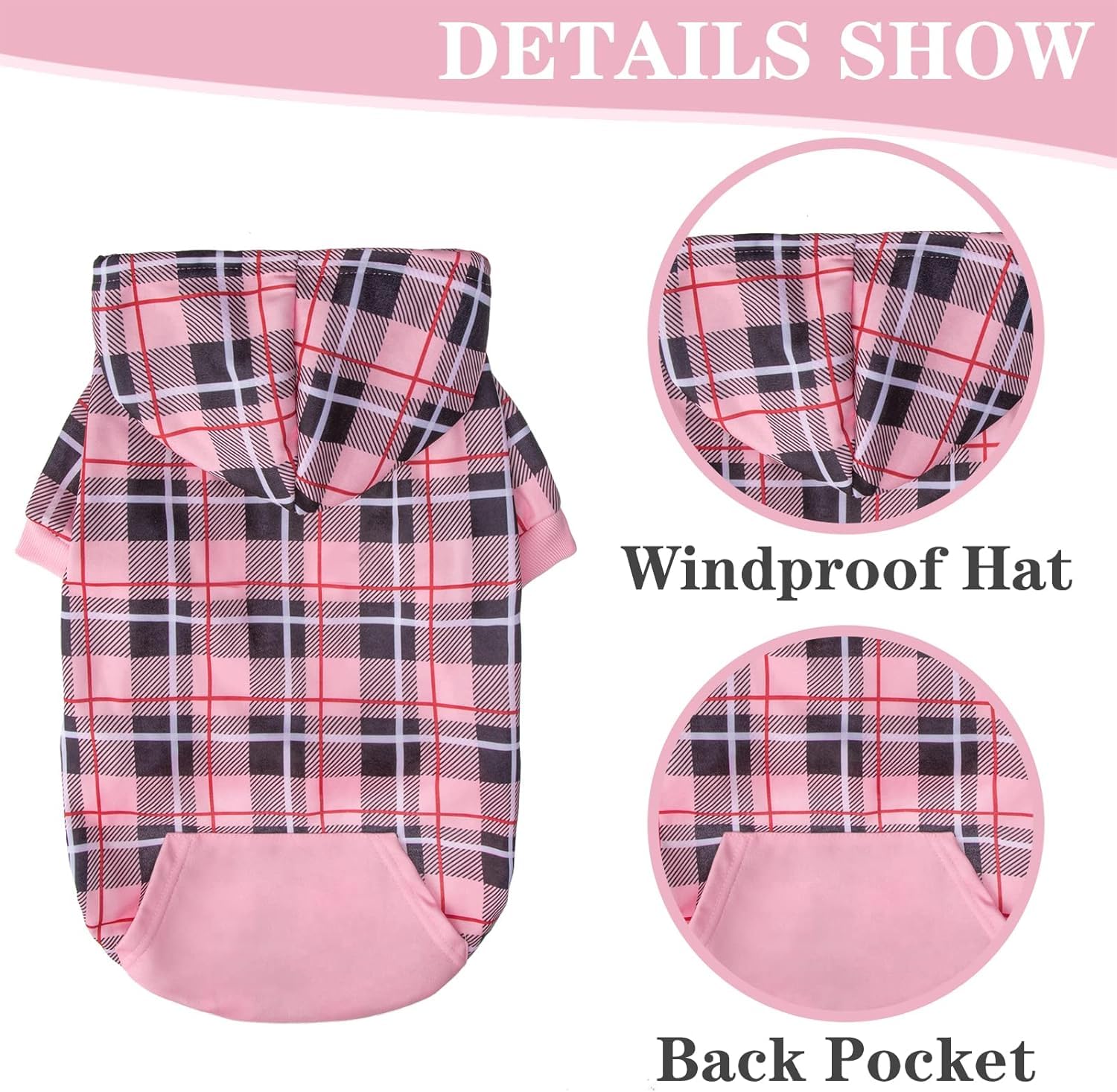 EXPAWLORER Plaid Dog Hoodie, espalda rosa, estilo británico para looks elegantes.