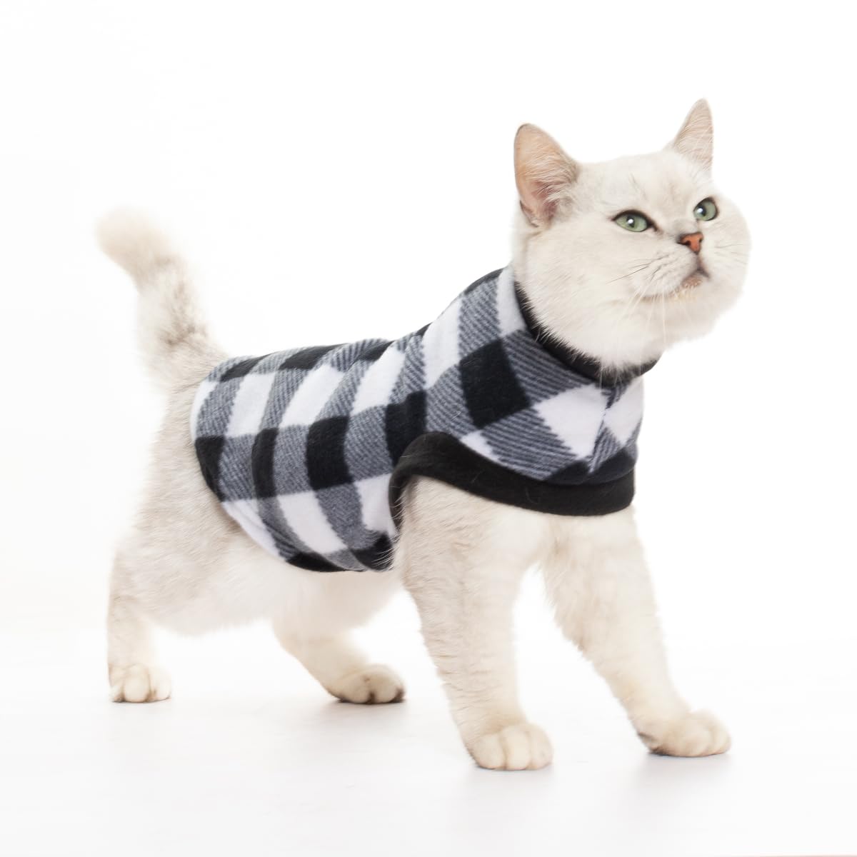 La sudadera EXPAWLORER para gato con cuadros grises ofrece calor cómodo.