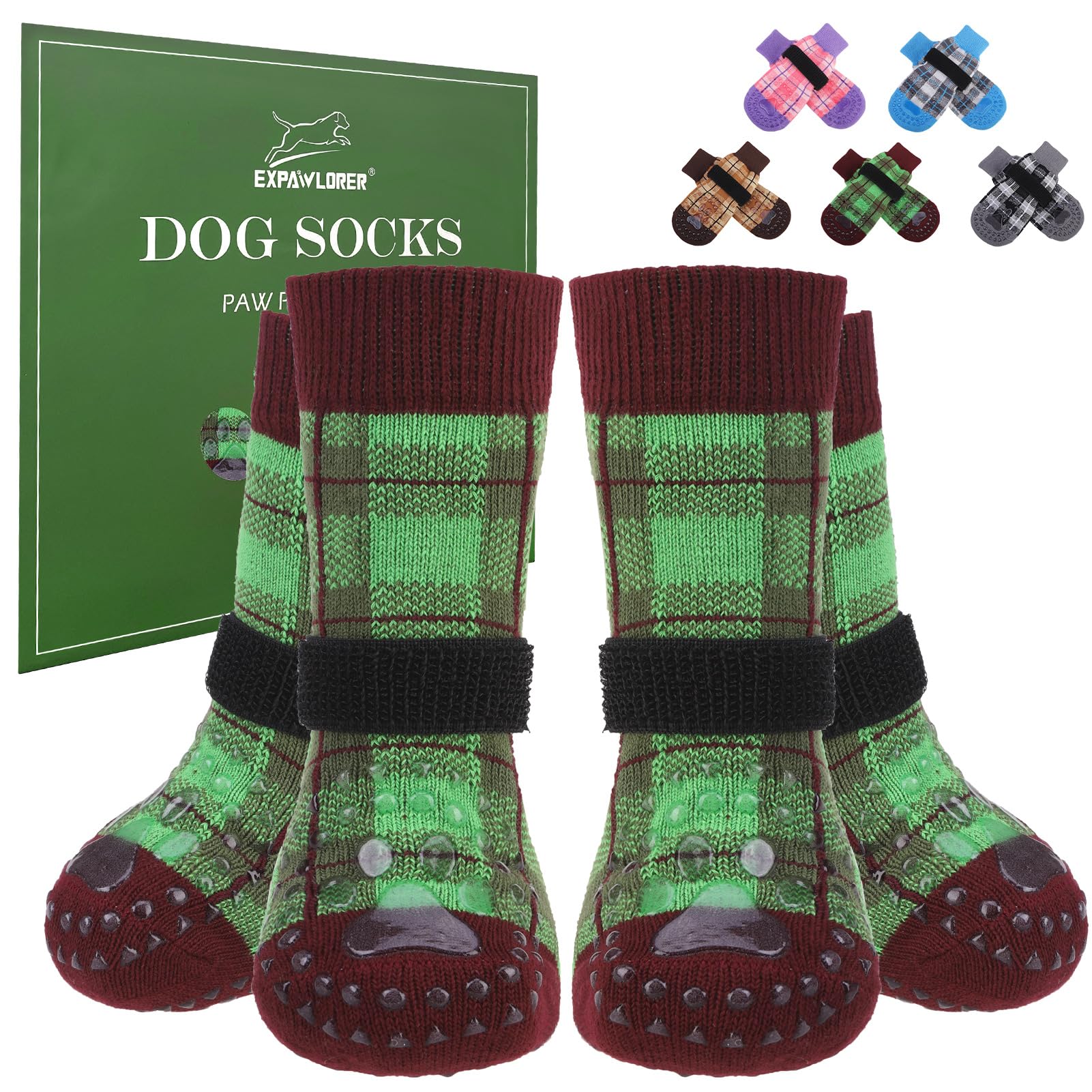 EXPAWLORER calcetines para perro verde XL sobre piso de madera con agarre