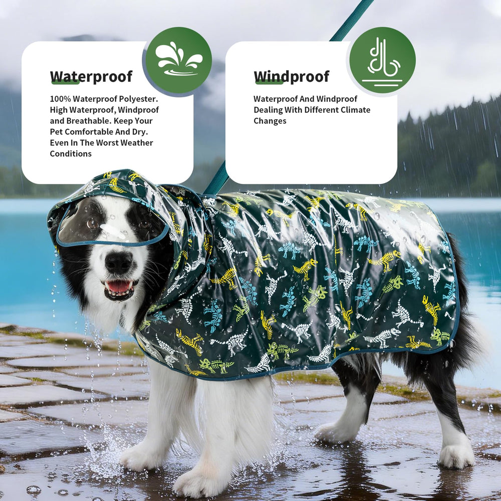 ExploreU impermeable para perros con capucha transparente protege la cabeza bajo la lluvia.