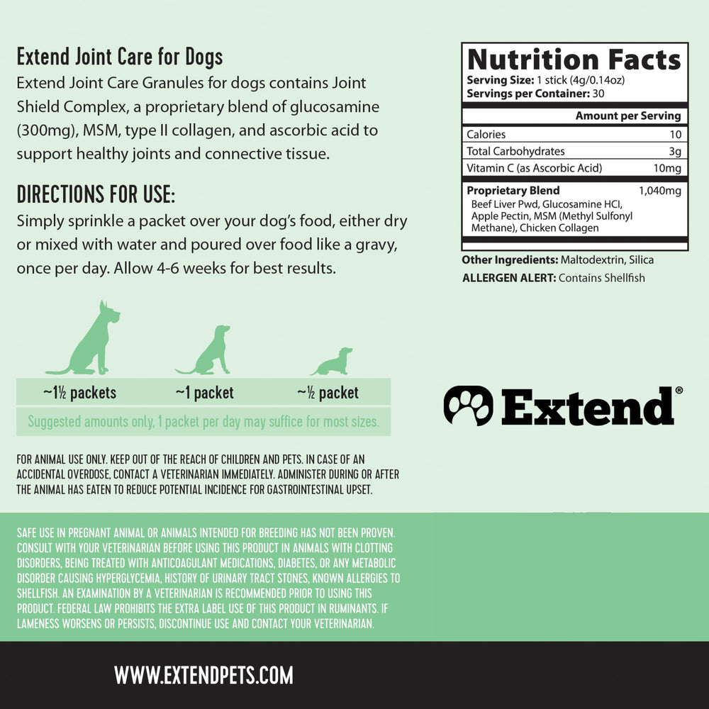 Extend Cuidado de Articulaciones para Perros: ingredientes clave glucosamina, MSM y colágeno.