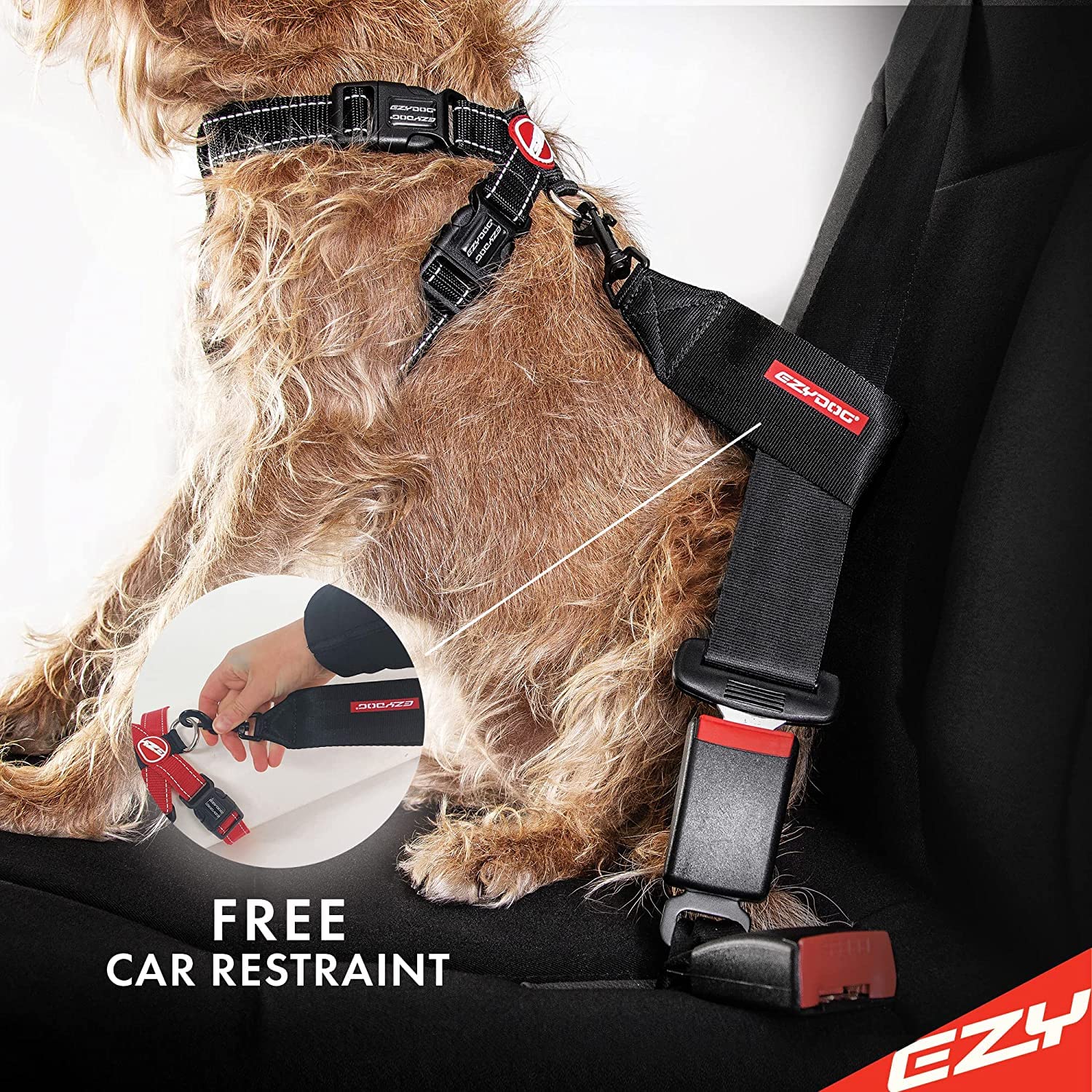 Arnés EzyDog con accesorio de cinturón para coche, viaje seguro.