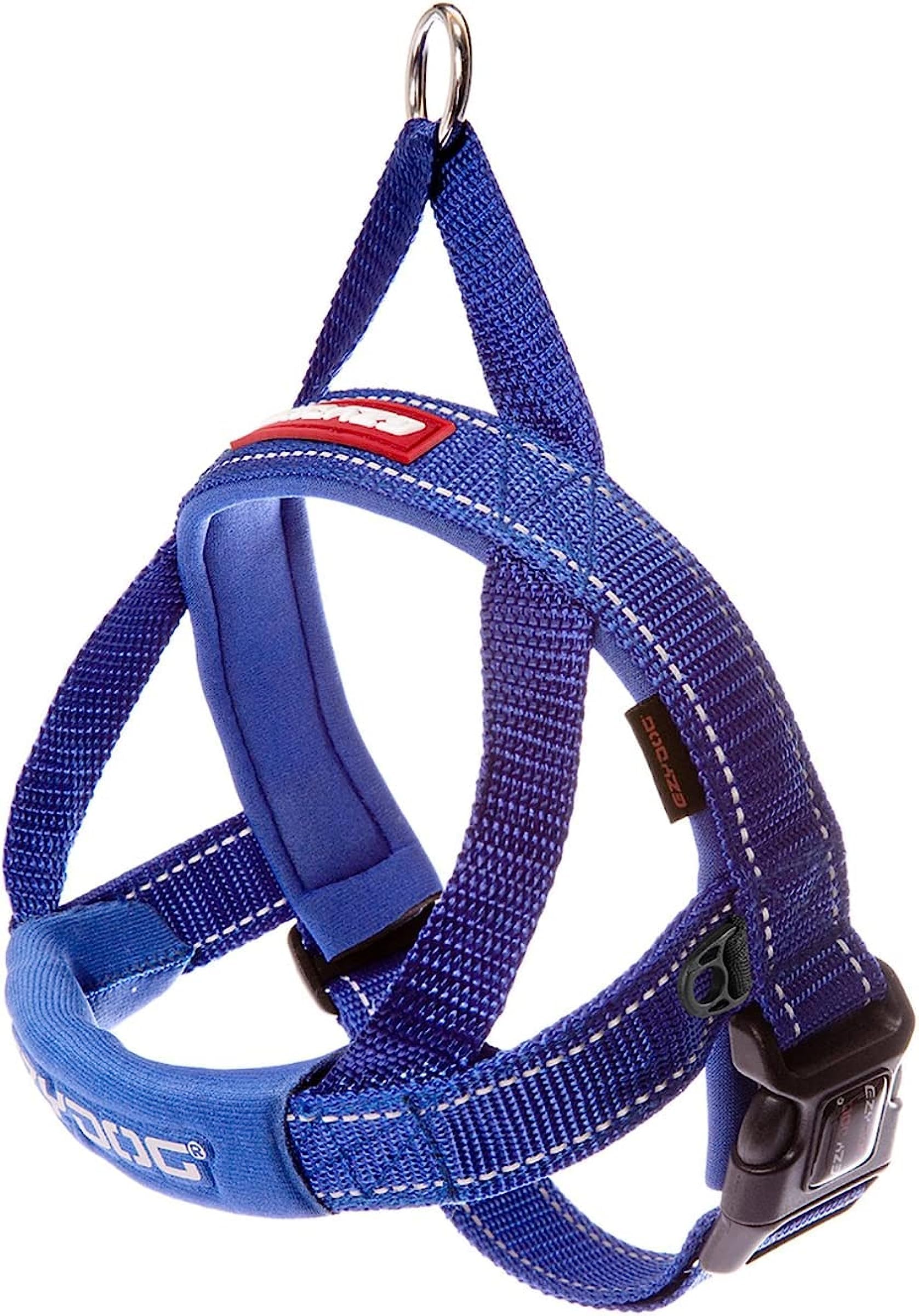 Arnés EzyDog, ajuste rápido sin tirones para paseos tranquilos.