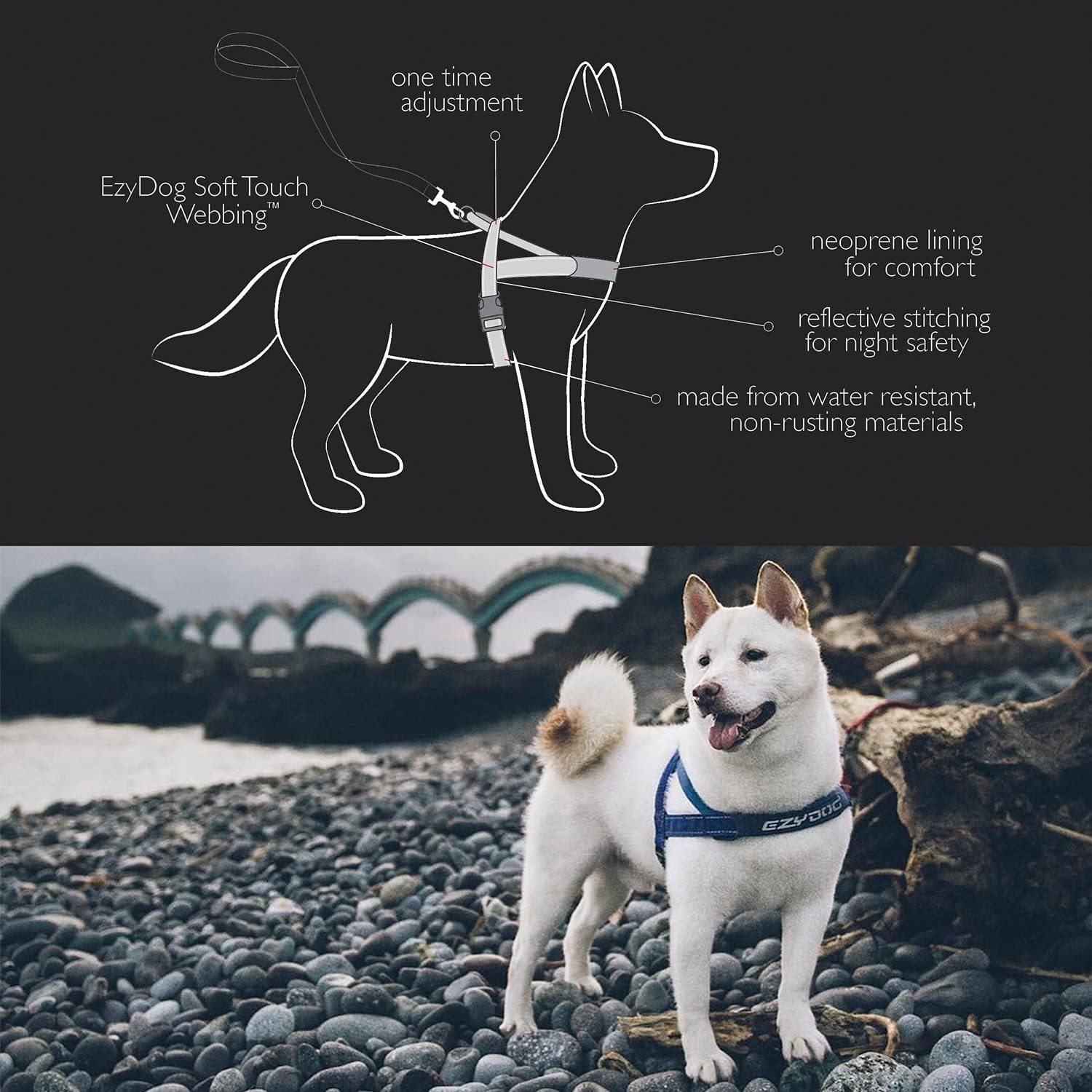 Arnés EzyDog, neopreno acolchado para comodidad durante la caminata.