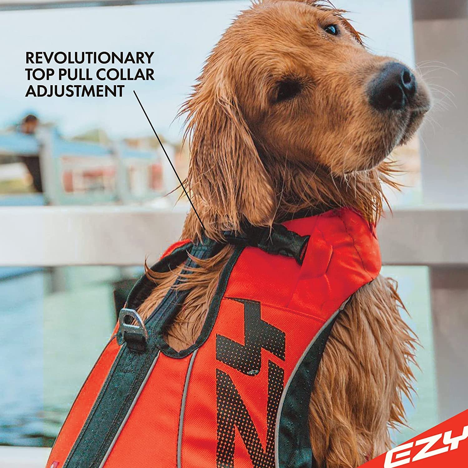 Chaleco EzyDog DFD X2 con banda reflectiva para visibilidad en poca luz.