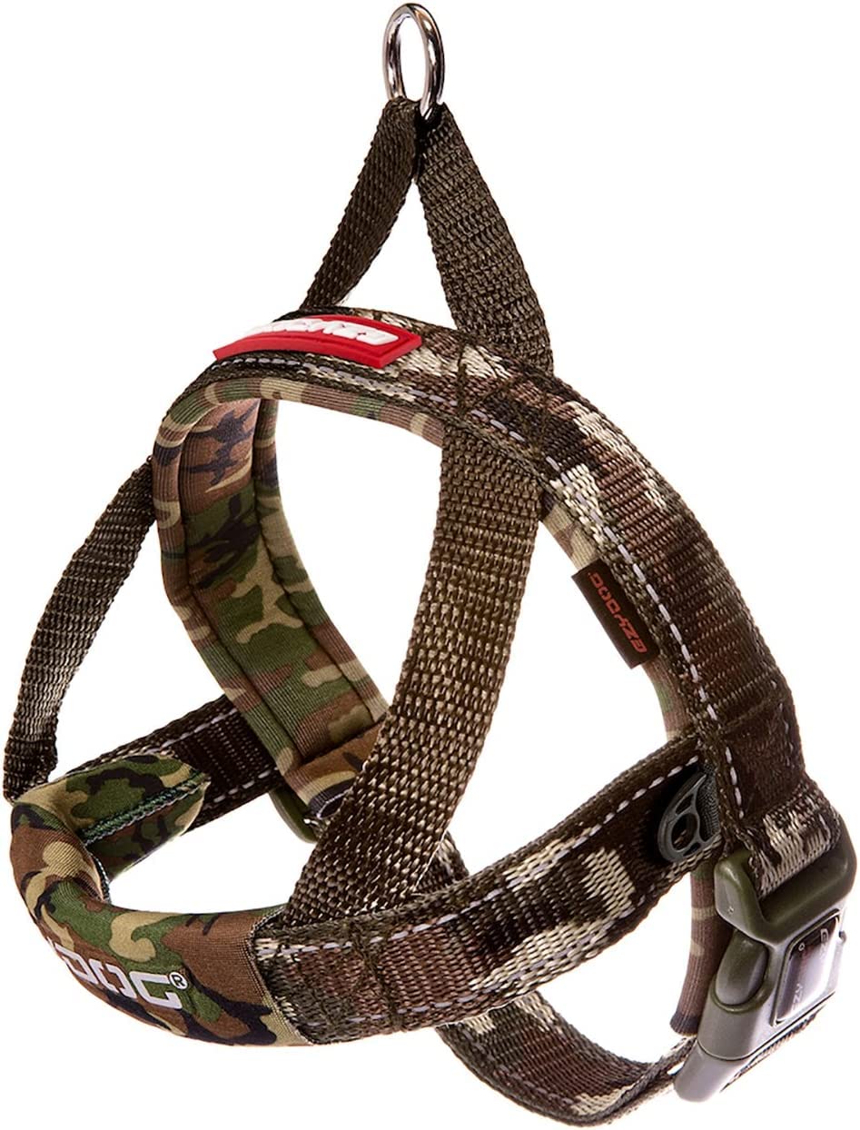 Arnés EzyDog Quick Fit verde camuflaje, vista general para paseos cómodos.