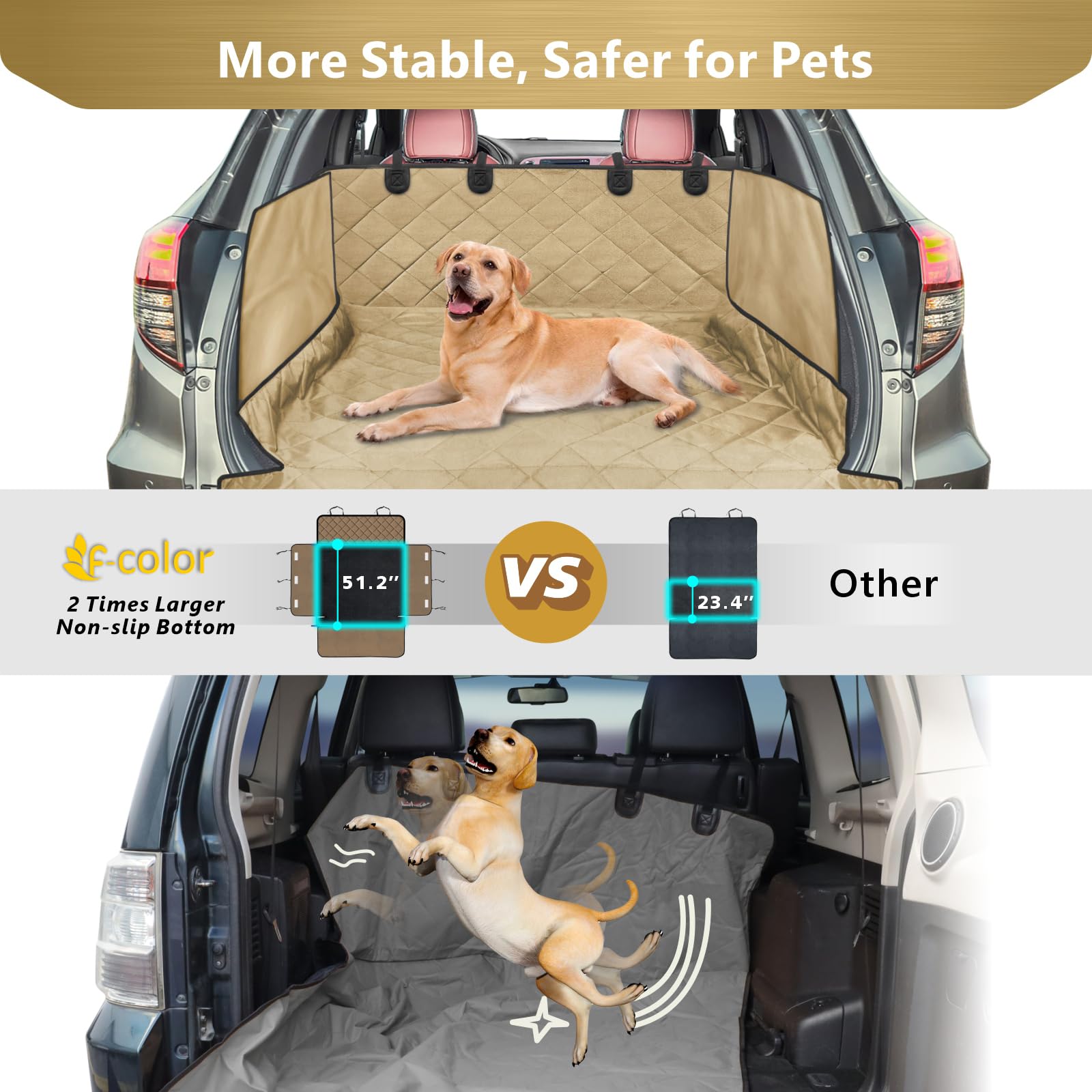 F-color SUV Cargo Liner adapta varios vehículos para viajes diarios con mascotas.