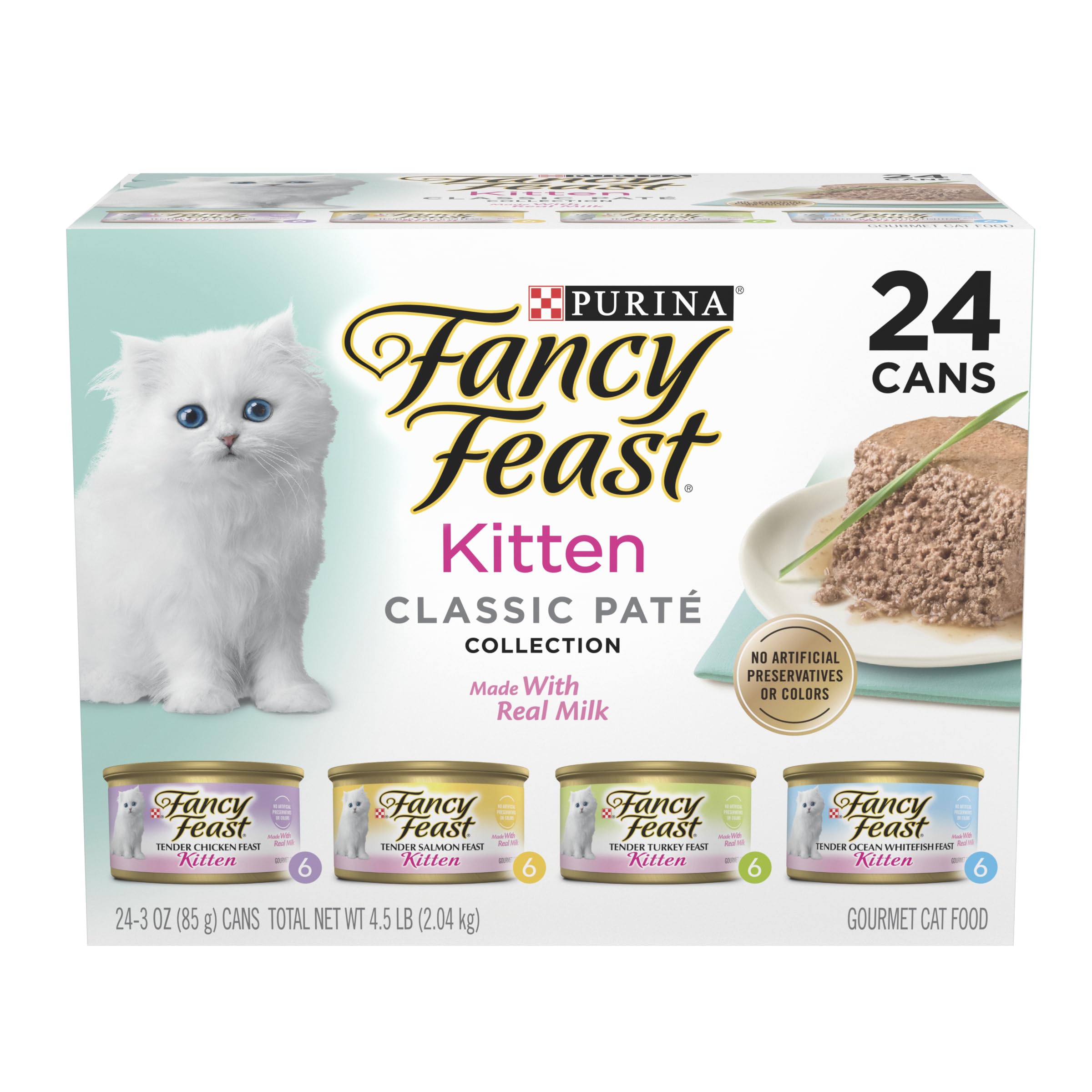 Fancy Feast bacalao del océano lata abierta, sabor suave para gatitos curiosos.